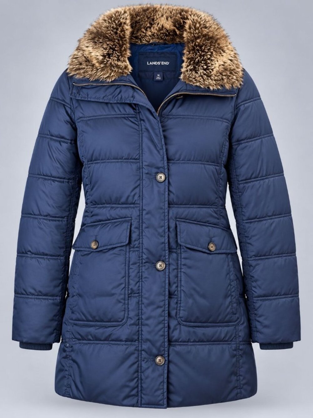 Lands End Womens Medium Puffer Coat Navy Blue w Faux Fur Collar Quilted Winter